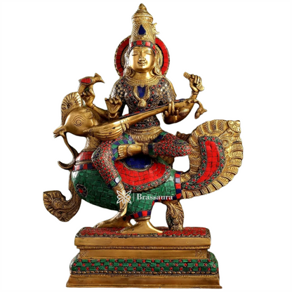 Brass Gem Stone Work Saraswati for Home and Decor Height 20 Inches & Weight 16 Kgs