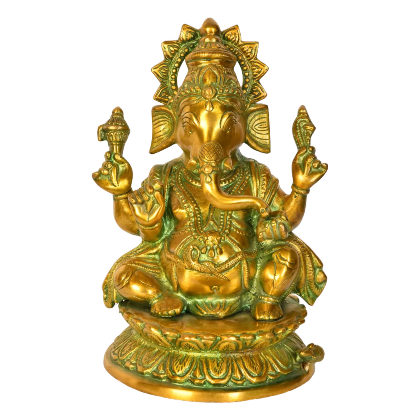 Brassaura™ Lord Ganesha Seated on Lotus Base | Brass Idol with Antique Green Finish | Height 9.6 Inches & Weight 3.50 kgs