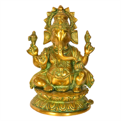 Brassaura™ Lord Ganesha Seated on Lotus Base | Brass Idol with Antique Green Finish | Height 9.6 Inches & Weight 3.50 kgs