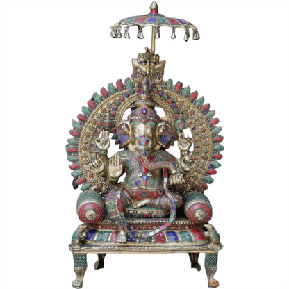 Handcrafted brass statue  Raja Ganapati, seated on a throne with umbrella 66 Inches