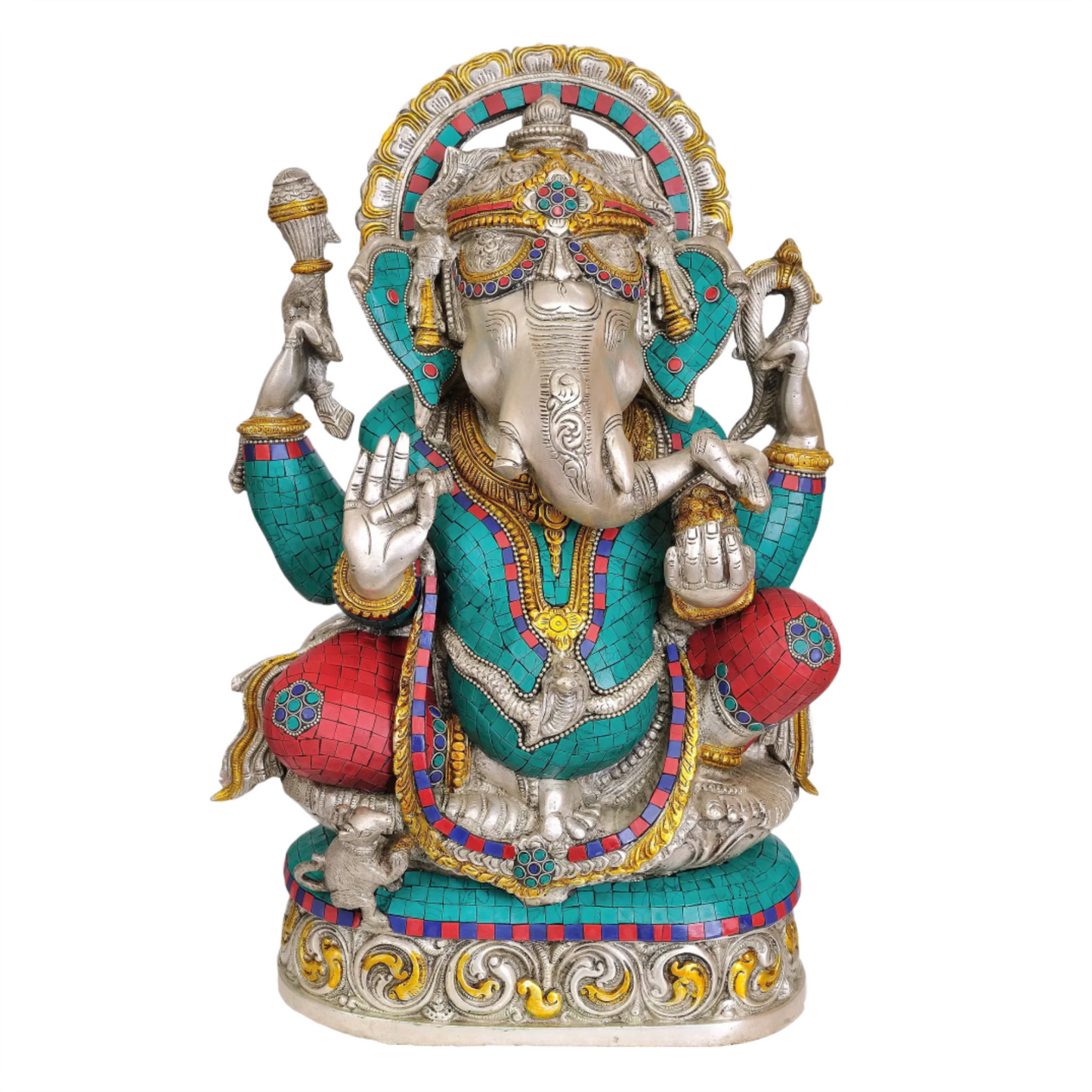 Brassaura™ Grand Seated Ganesha with Meenakari Inlay | Brass Sculpture | Height 19.5 Inches & Weight 20 kgs