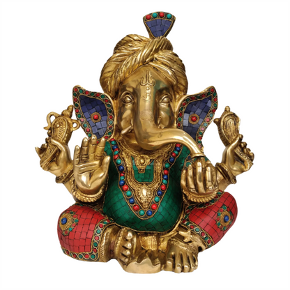 ब्रासौराव® पुष्प जड़ाई काम के साथ अलंकृत गणेश | पीतल की मूर्ति | ऊंचाई 8.5 इंच और वज़न 3.70 किलोग्राम