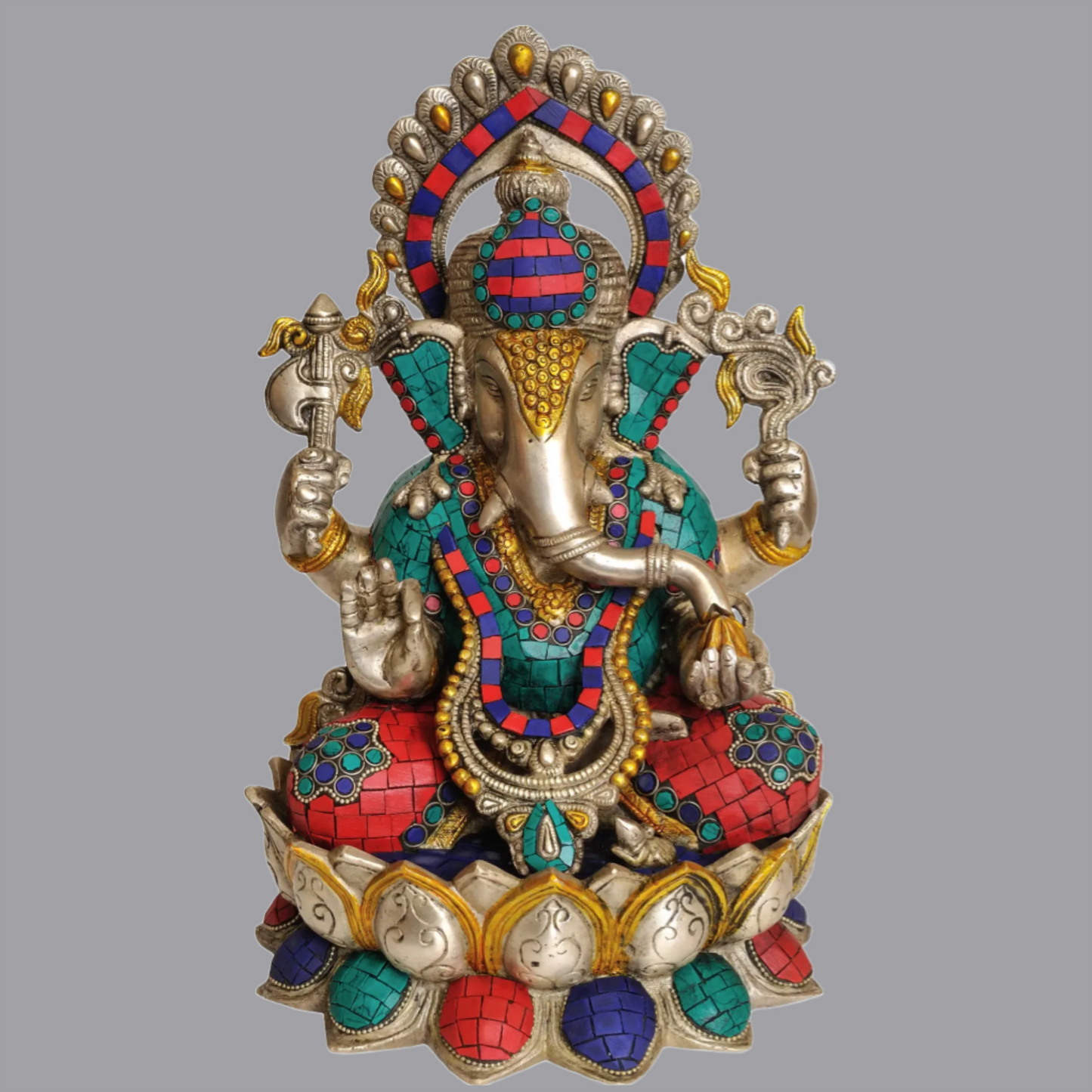 Brassaura® Kamalasana Lord Ganesha with Stone Inlay | Height 12.6 Inches & Weight 7.84 kgs