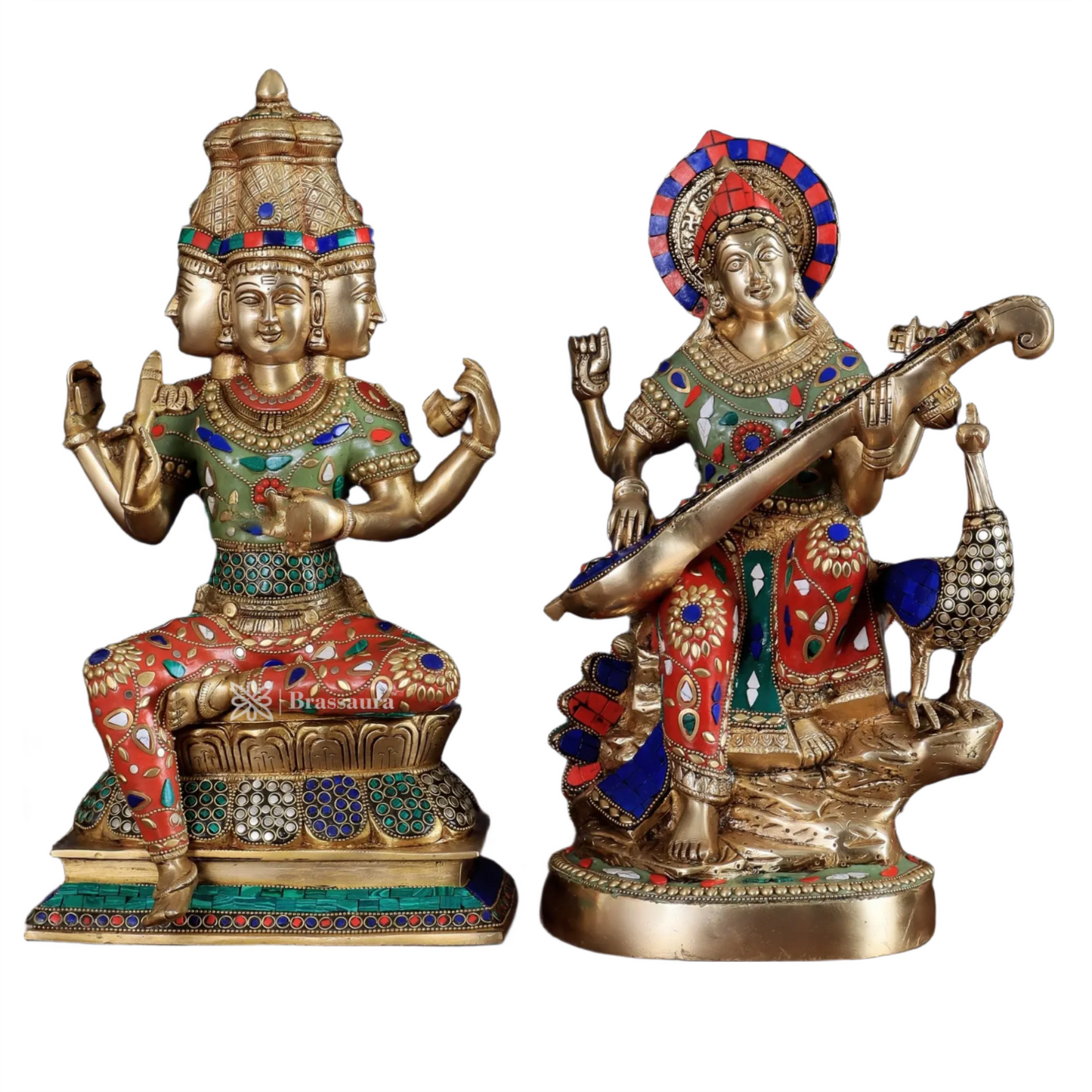 Brassaura™ Brass Gem Stone Work Saraswati & Lord Brahma For Puja Room Height 15 Inches & Weight 20 Kgs
