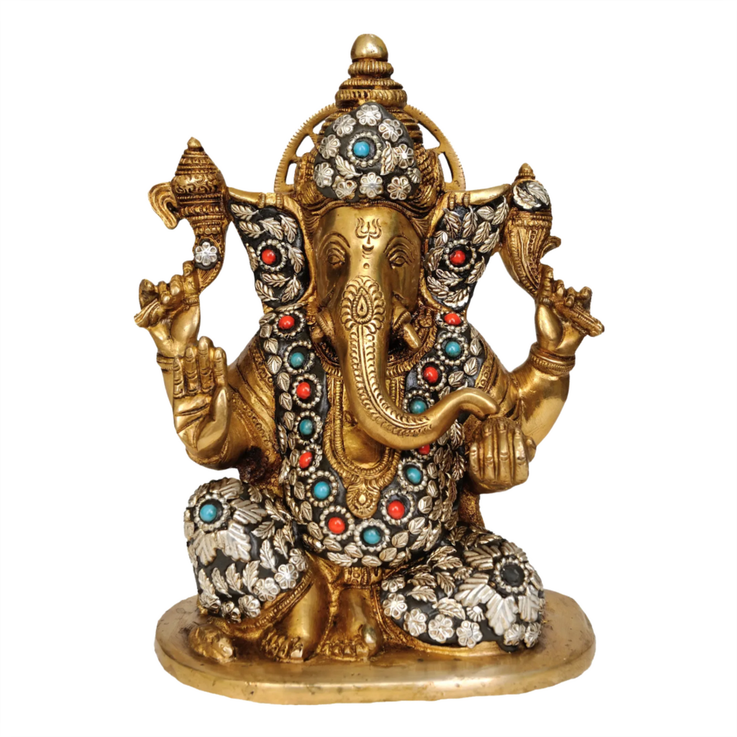 Brassaura® Ornate Ganesha with Floral Inlay Work | Brass Sculpture | Height 8.5 Inches & Weight 3.70 kgs