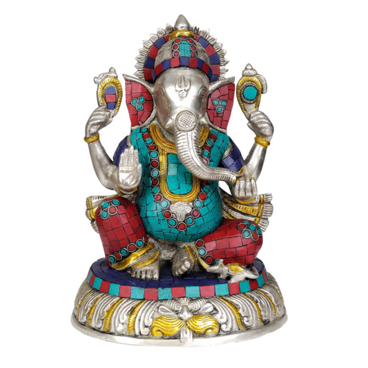 Brassaura® Seated Ganesha with Multicolor Meenakari Inlay | Brass Sculpture | Height 11 Inches & Weight 5.50 kgs