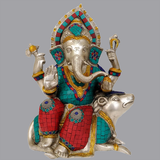 ब्रासोरा™ मूषक पर विराजमान भगवान गणेश स्टोन इनले के साथ | ऊँचाई 12 इंच | वज़न 6.52 किलोग्राम