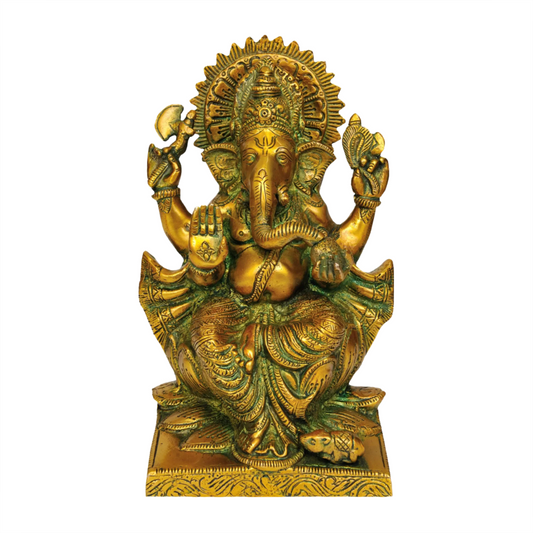 Brassaura® Lalitasana Ganesha on Lotus Throne | Brass Sculpture | Height 8.5 Inches & Weight 2.30 kgs
