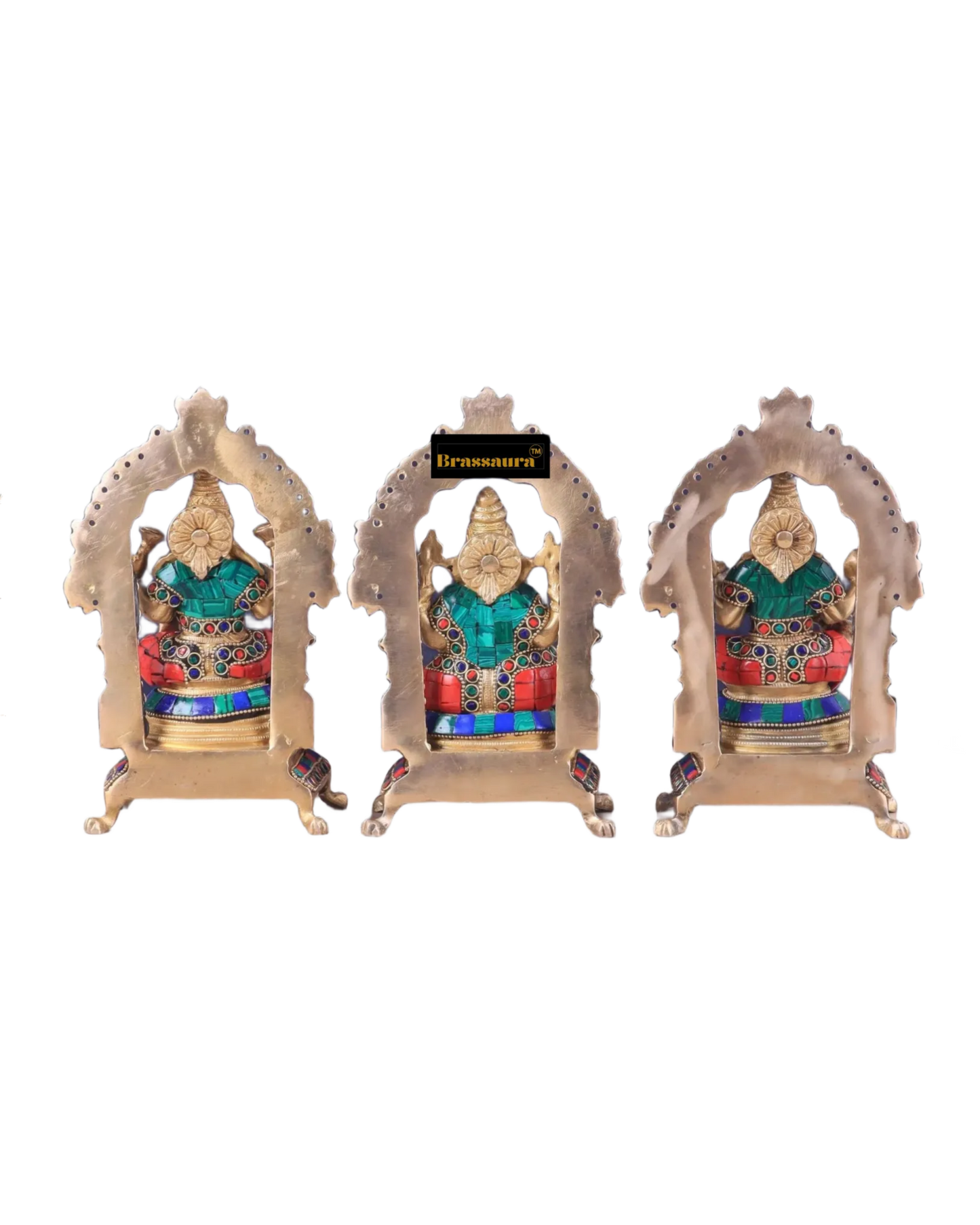 Brass Gem Stone Work Laxmi Ganesha Saraswati Murti for Home and Decor Height 8 Inches & Weight 6 Kgs