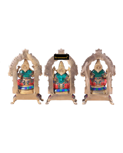 Brass Gem Stone Work Laxmi Ganesha Saraswati Murti for Home and Decor Height 8 Inches & Weight 6 Kgs