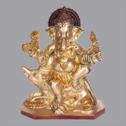 Brassaura® Six-Armed Ganesha Idol Seated on Mushak Raj Base in Brass | Height 8 Inches | Weight 2.60 kgs