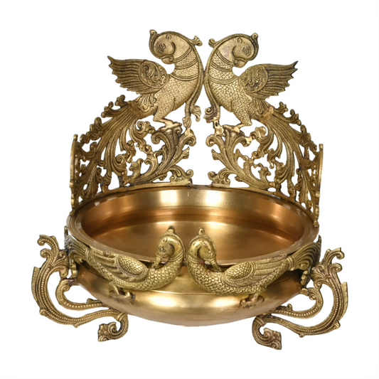 Brassaura® Twin Peacock Designer Brass Urli Bowl | Pure Brass | Height 17 Inches & Weight 11.90 kgs