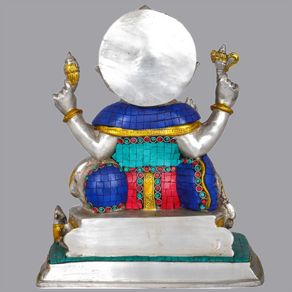 Brassaura® Puja Ganesha in Brass with Stone Inlay | Height 12 Inches | Weight 10.40 kgs
