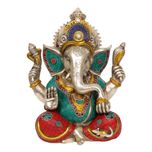 ब्रासुरा™ मीनाकारी विवरण के साथ बैठे गणेश | पीतल की मूर्ति | ऊंचाई 12.5 इंच और वज़न 9.58 किलोग्राम