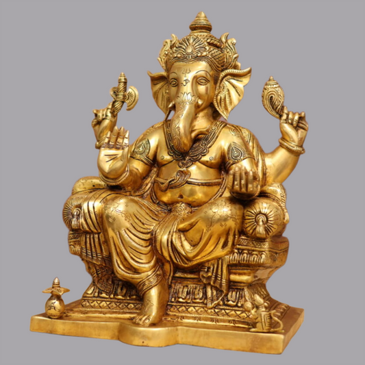 ब्रासौराम™ ब्रास में सिंहासन पर विराजमान विशाल भगवान गणेश | ऊंचाई 18 इंच और वज़न 19 किलोग्राम