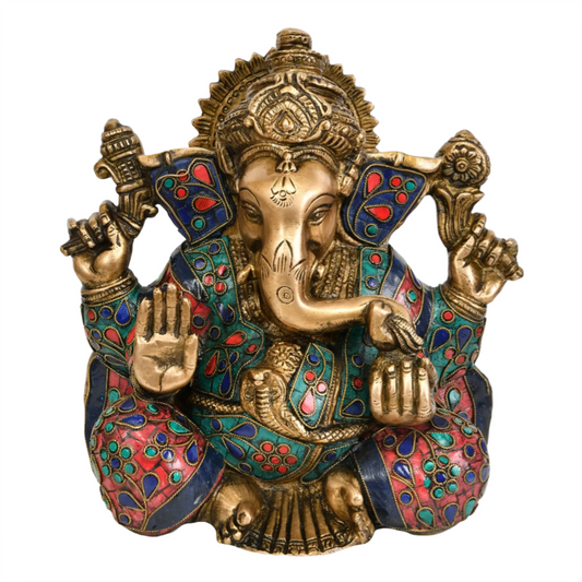 Brassaura™ Chaturbhuj Lord Ganesha with Inlay Work | Handcrafted Brass Idol | Height 9 Inches & Weight 5.37 kgs