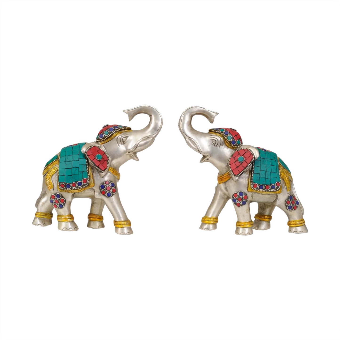 Brassaura® Pair of Brass Elephants with Inlay Work | Height 6.5 Inches & Weight 3.25 kgs