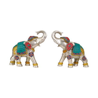 Brassaura® Pair of Brass Elephants with Inlay Work | Height 6.5 Inches & Weight 3.25 kgs