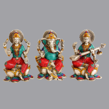 ब्रासौर® लक्ष्मी गणेश सरस्वती का 3 का सेट, पीतल में स्टोन इनले के साथ | प्रत्येक की ऊँचाई 9 इंच और वज़न 11.18 किलोग्राम