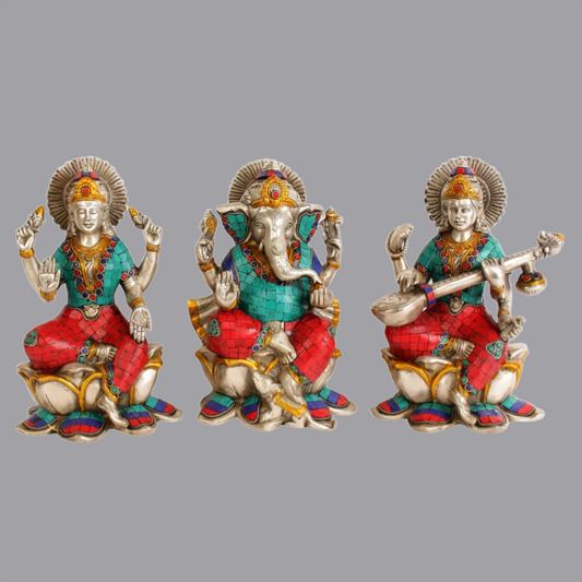 Brassaura® Lakshmi Ganesha Saraswati Set of 3 in Brass with Stone Inlay | Height 9 Inches Each & Weight 11.18 kgs