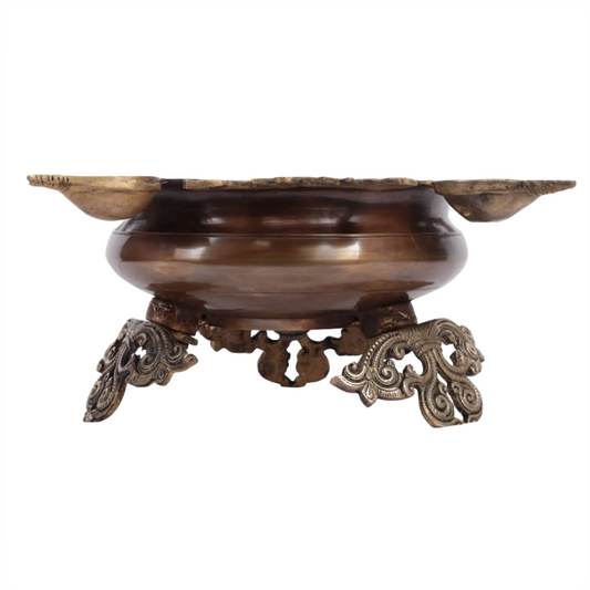Brassaura® Brass Urli with Peacocks and Oil Lamps | Pure Brass | Height 6 Inches & Weight 3.80 kgs