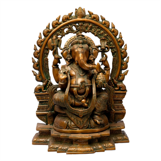 Brassaura® Lord Ganesha on Lotus Throne with Ornate Aureole | Handcrafted Brass Sculpture | Height 18 Inches & Weight 14.90 kgs