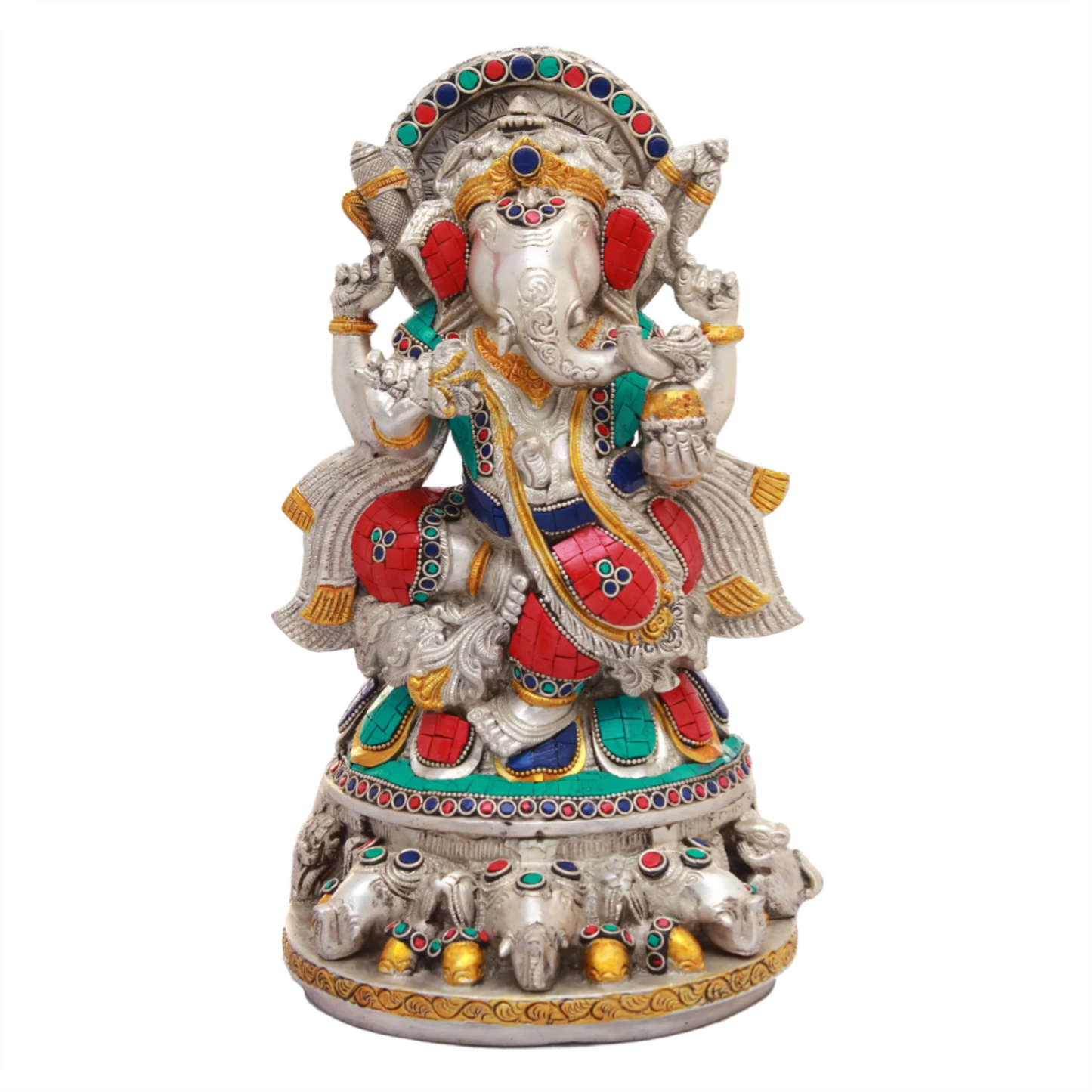 Brassaura™ Lord Ganesha with Intricate Inlay Work | Pure Brass with Handcrafted Stone Detailing | Height 11 Inches & Weight 13.45 kgs