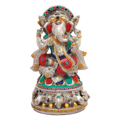 Brassaura™ Lord Ganesha with Intricate Inlay Work | Pure Brass with Handcrafted Stone Detailing | Height 11 Inches & Weight 13.45 kgs