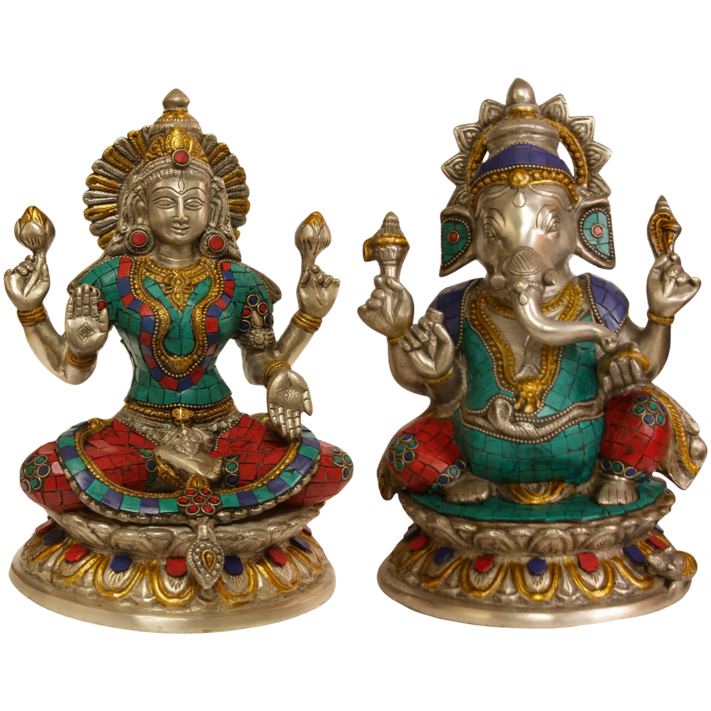 Brassaura™ Brass Lakshmi & Ganesha Statue Set with Inlay Work | Height 10 Inches & Weight 7.36 kgs