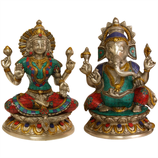 Brassaura™ Brass Lakshmi & Ganesha Statue Set with Inlay Work | Height 10 Inches & Weight 7.36 kgs