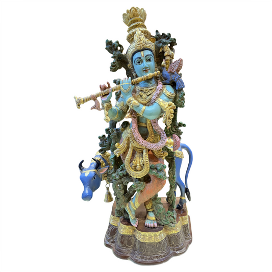 Brassaura™ Cow Krishna Brass Idol | Multicolor Finish | Height 23 Inches & Weight 23 Kgs