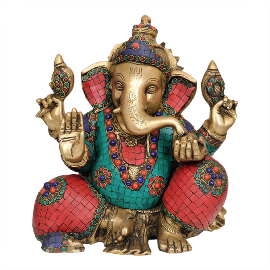 Brassaura® Seated Ganesha with Multicolor Meenakari Inlay | Brass Sculpture | Height 13 Inches & Weight 11.30 kgs