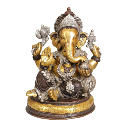 Brassaura™ Seated Ganesha in Dual-Tone Antique Finish | Brass Sculpture | Height 13.5 Inches & Weight 10 kgs