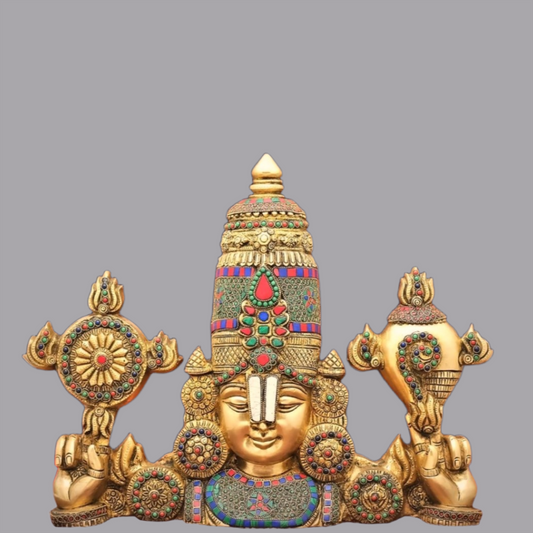 Brassaura® वॉल हैंगिंग तिरुपति बालाजी स्टोन वर्क के साथ शुद्ध पीतल में | ऊँचाई 16 इंच