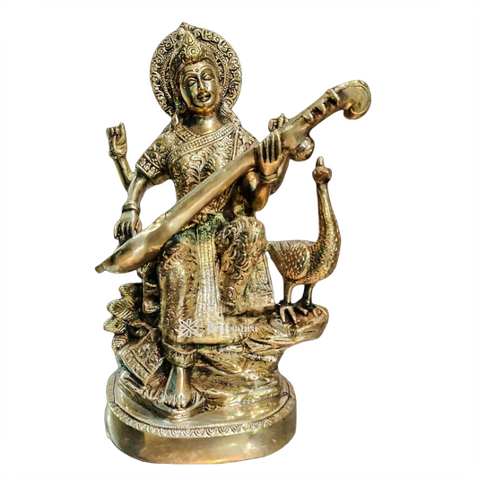 Brassaura™ Sacred Brass Saraswati Murti – Height 15 Inches & Weight 10 Kgs | Temple Décor Accent