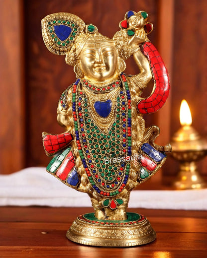 BrassAura™ Brass Lord Shrinath Ji Statue – Golden Finish with Pichwai Meenakari Work | Height 13 Inch | Weight 4.5 Kg