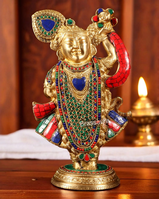 BrassAura™ Brass Lord Shrinath Ji Statue – Golden Finish with Pichwai Meenakari Work | Height 13 Inch | Weight 4.5 Kg