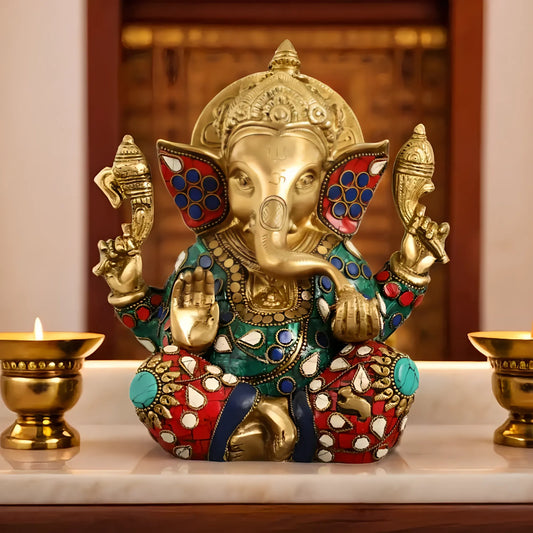 Brassaura™ Brass Taj Ganesha Idol | Handcrafted with Stonework | Height 8 Inches & Weight 3 Kgs | Temple & Home Décor
