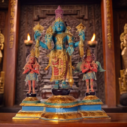 Brassaura™ Brass Vishnu Garuda & Hanuman Statue, Height 24 Inches & Weight 23.8 Kgs | Divine Gifting