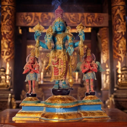 Brassaura™ Brass Vishnu Garuda & Hanuman Statue, Height 24 Inches & Weight 23.8 Kgs | Divine Gifting