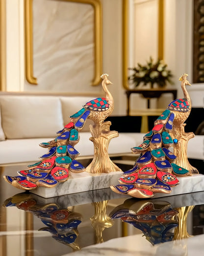 Brassaura™ Handcrafted Brass Peacock Table Accent with Meenakari Stonework – Height 8.5 Inches & Weight 2.5 Kgs