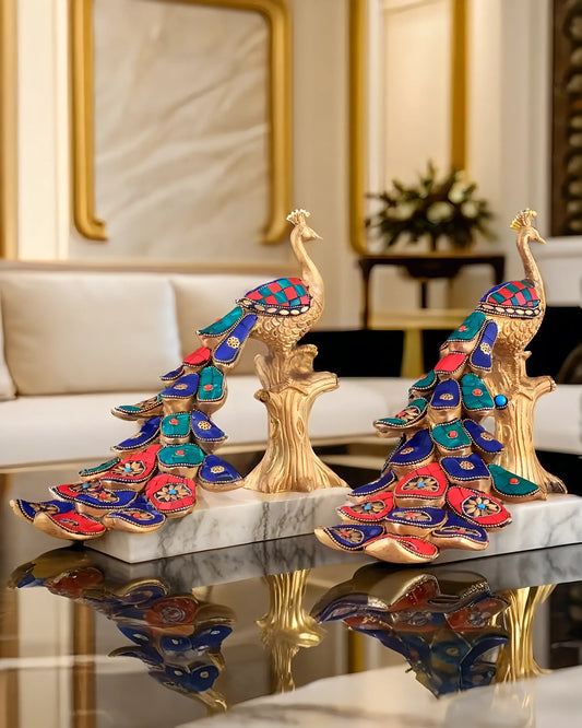 Brassaura™ Handcrafted Brass Peacock Table Accent with Meenakari Stonework – Height 8.5 Inches & Weight 2.5 Kgs