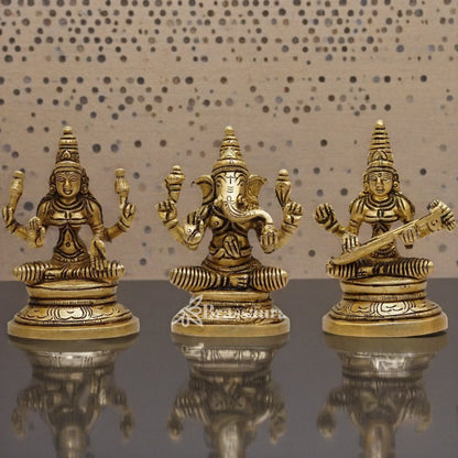 Brassaura™ Handcrafted Brass Laxmi Ganesha Saraswati Murti – Height 3.5 Inches & Weight 0.9 Kgs | Puja Room Idol