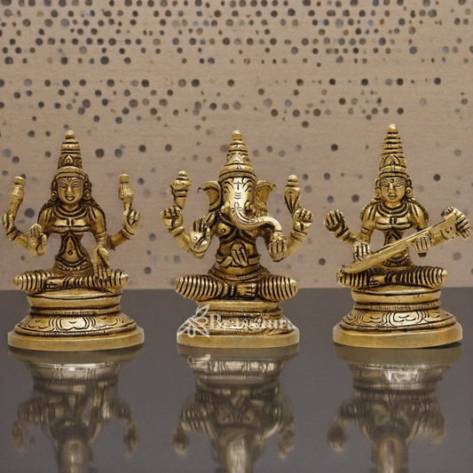 Brassaura™ Handcrafted Brass Laxmi Ganesha Saraswati Murti – Height 3.5 Inches & Weight 0.9 Kgs | Puja Room Idol