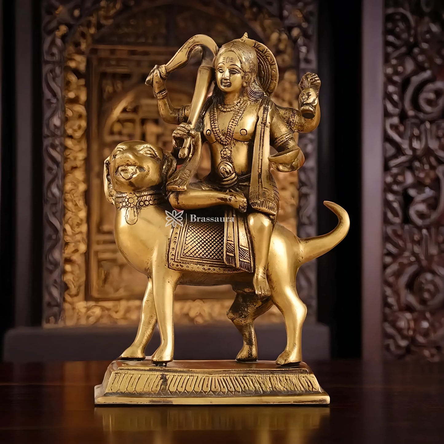 Brassaura™ Pure Brass Lord Kaal Bhairava Idol – 9.8 Inches Height, 3.3 Kgs – Seated on Dog Vahana