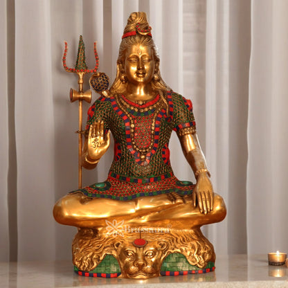 Brassaura™ Brass Gem Stone Work Lord Shiva Idol – Height 24 Inches & Weight 16.3 Kgs | Devotional Statue