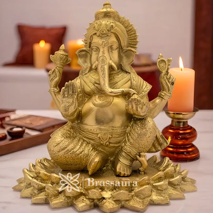 Brassaura™ Brass Lotus Ganesha Idol for Home and Decor | Weight 4 Kgs | Height 7.87 Inches