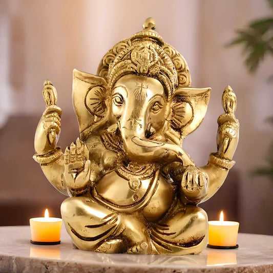 Brassaura™ Pure Brass Lord Ganesha Idol with Golden Finish | Height 6 Inches & Weight 1 Kg