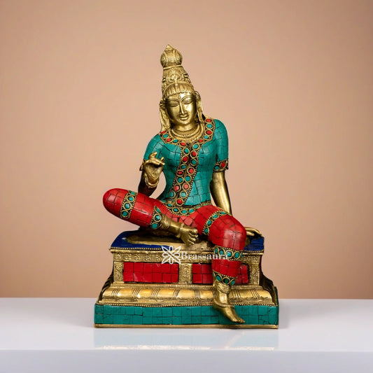 Brassaura™ Brass Parvati Statue with Gemstone Work | Handcrafted Devi Gauri Murti | Height 11 Inches & Weight 5 Kgs