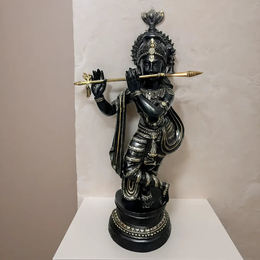 Brassaura™ Lord Krishna Brass Statue | Black & Gold Finish | Height 36 Inches & Weight 27 Kgs